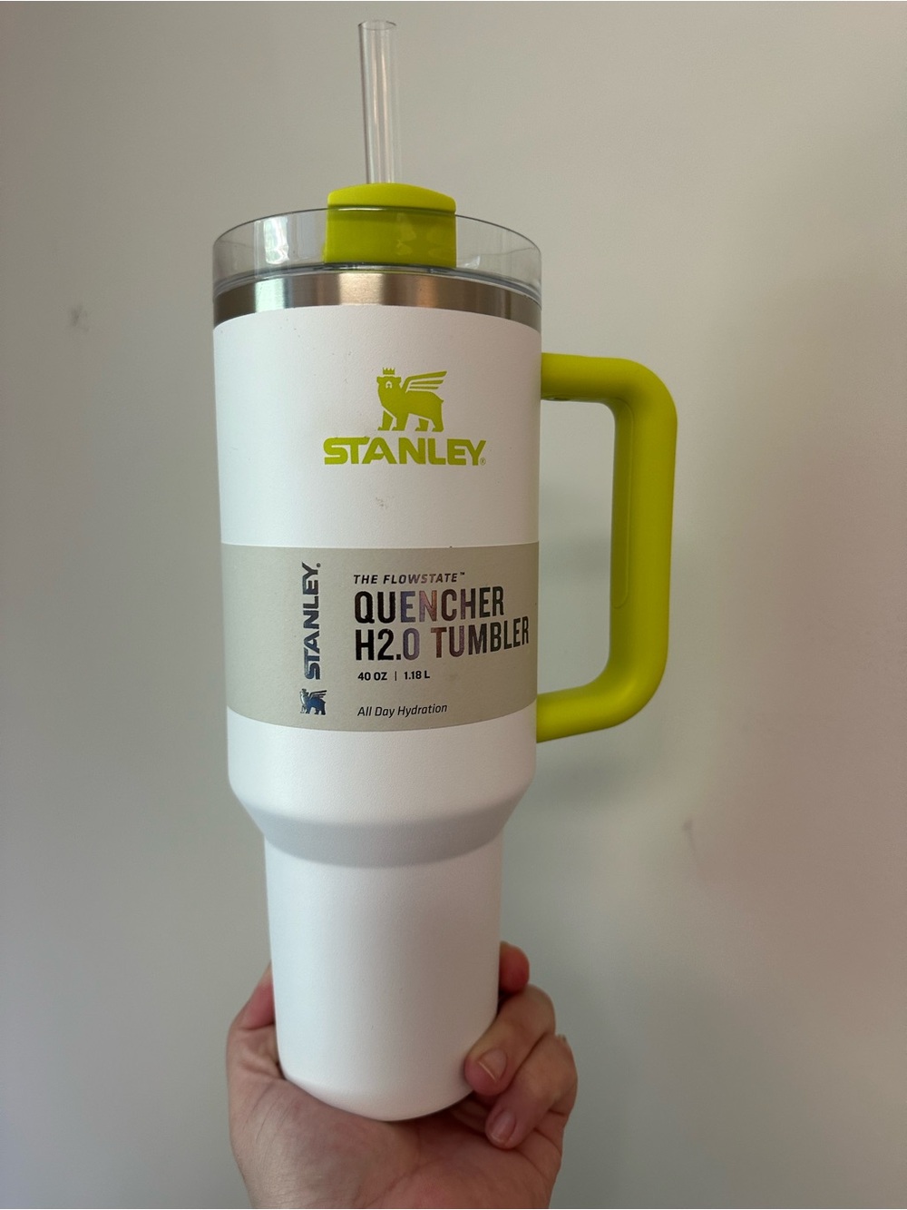 Stanley 40 oz. White Tumbler with Neon yellow Handle NWT